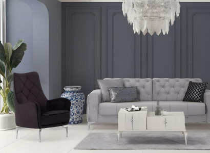 Garnitur Dreisitzer Sessel Stoffsofa Polstersofa Grau Couch Sofa 2tlg