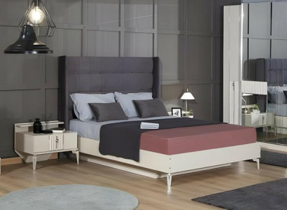 Schlafzimmer Garnitur Doppelbett Nachttische Schränke Stoff 5tlg Beige