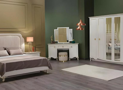 Schlafzimmer Garnitur Doppelbett Nachttische Schränke Stoff 5tlg Weiß
