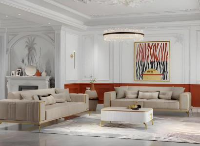 Garnitur Dreisitzer Zweisitzer Beige Sofas Stoffsofa Polstersofa 2tlg