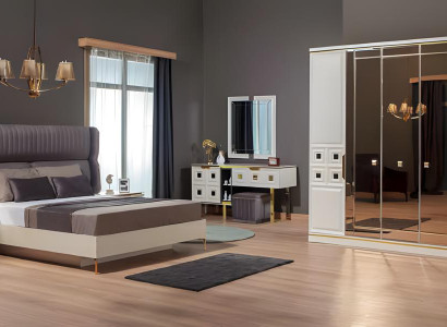 Komplette Schlafzimmermöbel Doppelbett Nachttische Schranke Beige 5tlg