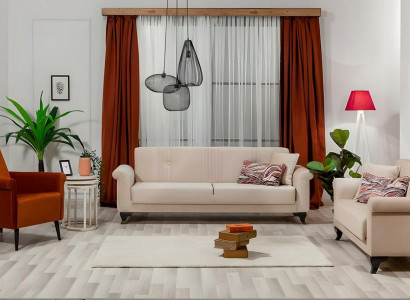 Komplette beige Couchgarnitur Dreisitzer Zweisitzer und Sessel Stoff