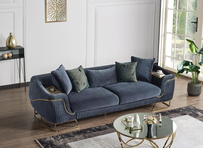 Design Wohnzimmer Luxus Sofa 3 Sitzer Chesterfield Sofa Blau Textil Hochwertig