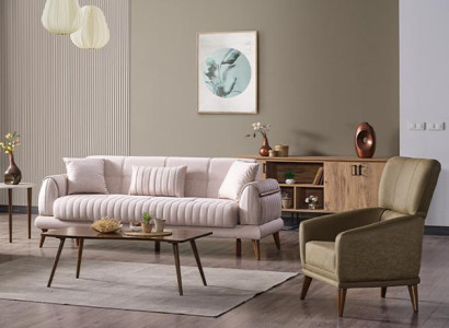 Wohnzimmer Sofagarnitur Sessel Luxus Couch Set Sofa 3 Sitzer Beige Sessel