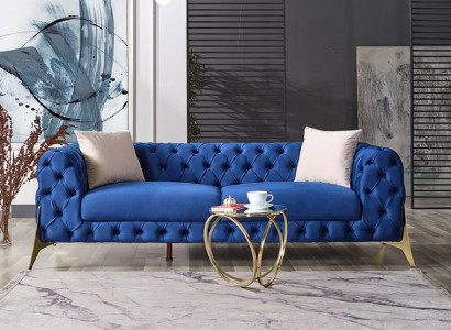 Design Wohnzimmer Luxus Sofa 3 Sitzer Chesterfield Sofa Blau Textil Hochwertig