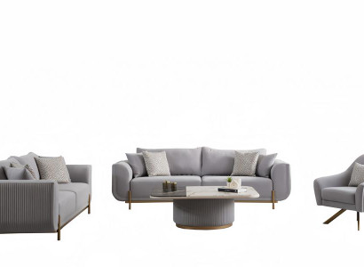 Wohnzimmer Set Sofa 3 sitzer Couchtisch Sessel Beige Gold Edelstahl