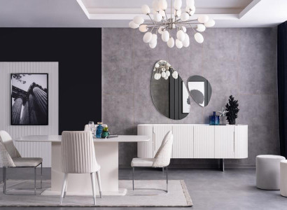 Designer Esszimmergruppe Esstisch 4x Stühle Sideboard 2x Spiegel Weiß