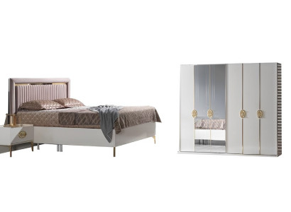 Schlafzimmer Set Bett + 2x Nachttische + Kleiderschrank Luxus Moderne Möbel 4tlg