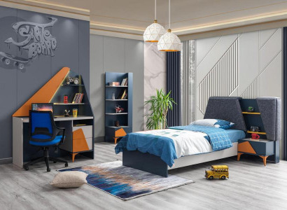 Schlafzimmer  Set Kinderzimmer Bett Nachttisch Schreibtisch Buecherregal Blau
