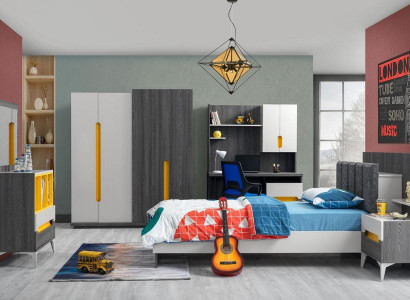 Grau Kinderzimmer Set Bett Nachttisch Kommode Kleiderschrank Schreibtisch