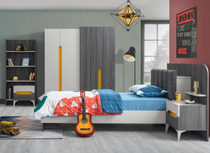 Grau Kinderzimmer Set Kinderbett Nachttisch Kommode Kleiderschrank Buecherregal