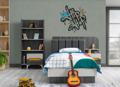Kinderzimmer Kinderbett Bett Nachttisch Buecherregal Holz Möbel Grau Set