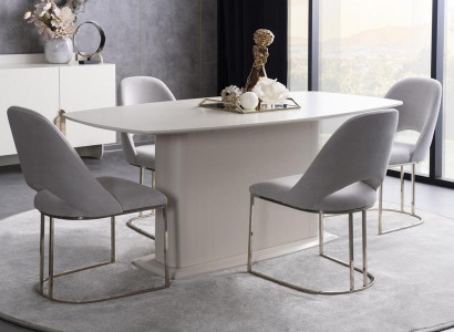 Esszimmer Esstisch Stühle Tisch Polsterstühle Säulenfuß Weiß Edelstahl