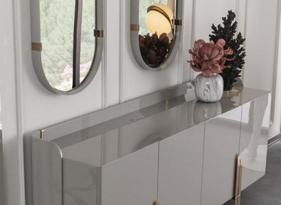 Sideboard Anrichte mit 2x Designer Spiegele Oval Hochglanz Edelstahl