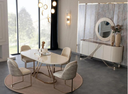 Esszimmer Set Esstisch Küchentisch Stühle Sideboard Spiegel Luxus Gold 7tlg