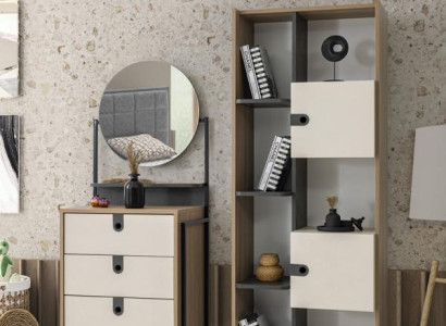 Modernes Set aus Kommode mit Spiegel und Bücherregal in Holzoptik und Creme