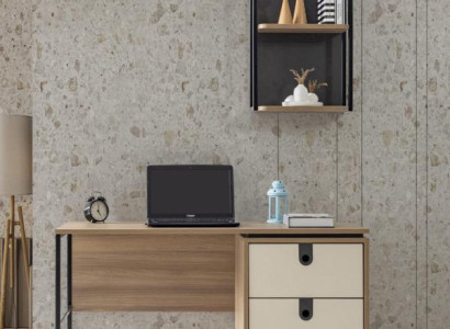 Moderner Schreibtisch mit integriertem Schubladenelement in Creme und schwarzen