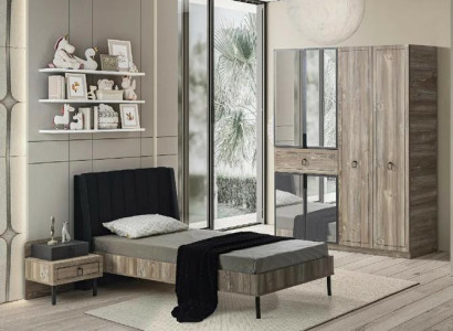 Set Bett Nachttisch Kleiderschrank Schwarz Kinderzimmer Gestaltung 3-teilig