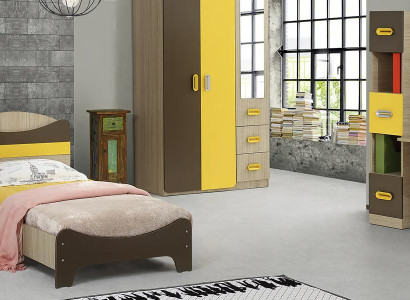 Modernes Set Bett Nachttisch Schreibtisch Gelb Braun Design Akzent Möbel 3tlg.