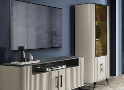 Luxuriöses Modern TV-Lowboard + Vitrine Wohnzimmer Set 2tlg Holzmöbel