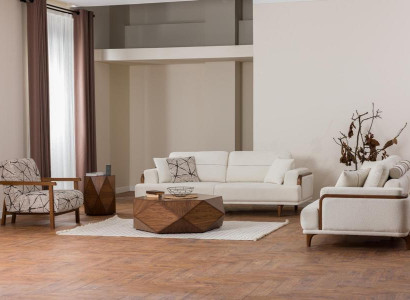 Sofagarnitur 3+3+1 Sitzer Modern Beigefarben Holzdetails Wohnzimmer Design