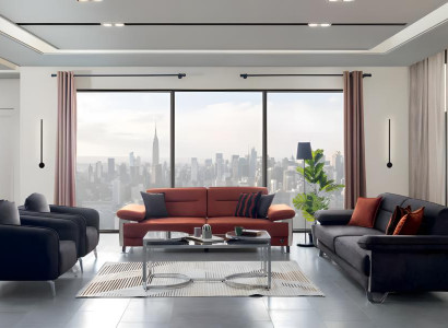 Sofagarnitur 3+3+1+1 Sitzer Modern Schwarz Terrakotta Stoff Chromfüße Design