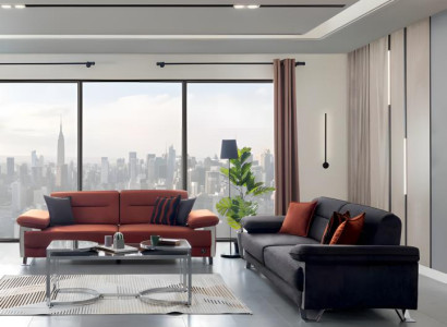 Exklusive Sofagarnitur 3+3 Sitzer Stoff Anthrazit Terrakotta Chromfüße Modern
