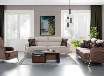 Sofagarnitur 3+3+1 Sitzer Creme Braun Goldfüße Luxus Stoff Wohnzimmer Design