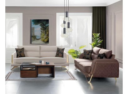 Sofagarnitur 3+3 Sitzer Creme Braun Stoffbezug Goldfüße Modern Luxus Design