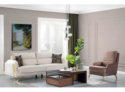 Sofagarnitur 3+1 Sitzer Creme Braun Stoff Goldfüße Elegant Modern Wohnzimmer