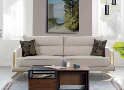 Sofa 3-Sitzer Creme Stoffbezug Goldfüße Elegant Modern Design Wohnzimmerstil