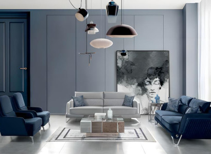 Sofagarnitur 3+3+1+1 Sitzer Blau Weiß Stoffbezug Chromfüße Modern Luxus Design