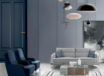 Sofagarnitur 3+1+1 Sitzer Hellgrau Blau Stoff Chromfüße Modern Elegantes Design