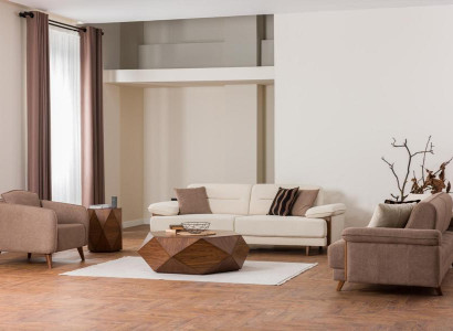 Sofagarnitur 3+3+1 Sitzer Beige Braun Stoffbezug Holzfüße Skandi Modern Stil