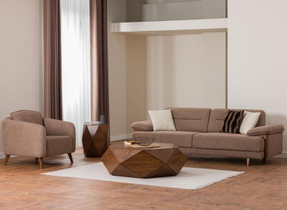 Sofagarnitur 3+1 Sitzer Braun Stoffbezug Holzfüße Skandi Stil Modern Wohnen