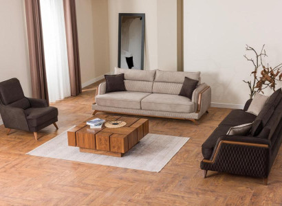 Sofagarnitur 3+3+1 Sitzer Beige Braun Stoff Holzfüße Skandi Modern Wohnzimmer