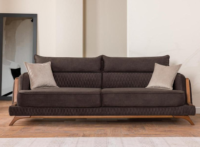 Dunkelbraun 3-Sitzer Sofa Stoffbezug Holzdetails Retro Skandi Stil Wohnzimmer