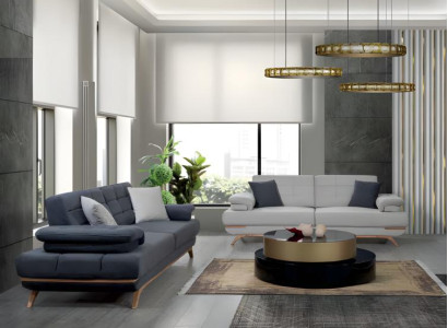 Verstellbares Big Sofa Set Grau Blau Polster Garnitur Couch Wohnzimmer 3+3