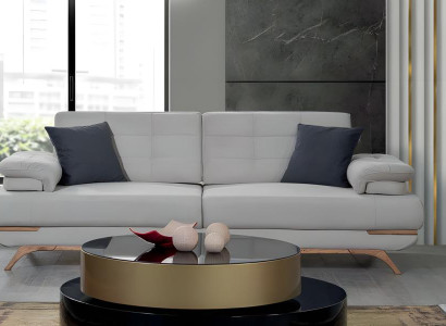 Elegantes Sofa Design Weiß Grau Polster Couch Wohnzimmer Holzfüße Modern 3Sitzer