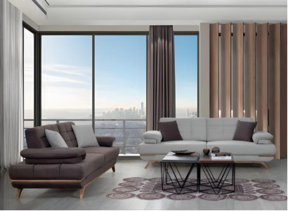 Elegantes Sofa Set 3+3 Grau Weiß Polster Couch Wohnzimmer Modern Holzfüße