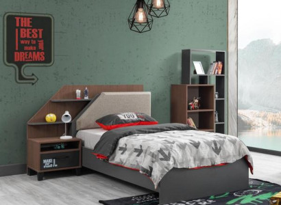 Modernes Kinderbett mit Nachttisch aus Holz in Grau und Braun