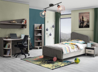 Kinderzimmer-Set aus Holz in Grau mit Bett, Nachttisch und Bücherregal