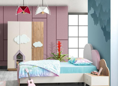 Kinderzimmer-Set Rosa aus Holz mit Nachttisch und Kleiderschrank