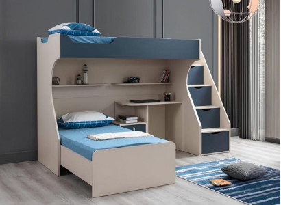 Kinderzimmer-Set aus Holz in Blau mit Bett, Nachttisch