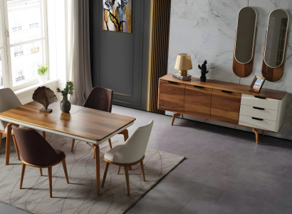 Braunes Esstisch Set, 8-teilig, mit Kommode, Spiegel und Stühlen