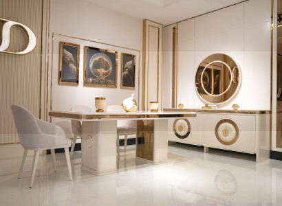 Elegantes Esszimmer Set in Beige mit Holz Tisch und Stühlen