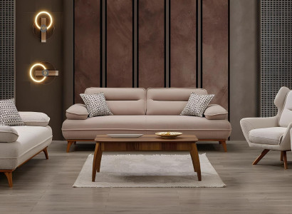 Moderne beige Stoff-Sofagarnitur aus Holz mit stilvollem Design