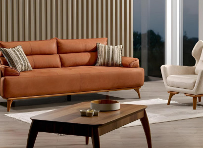 Elegantes Wohnzimmer Set aus Stoff in Orange mit Holzrahmen