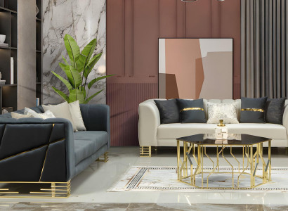 Couchgarnitur Sofa Couch Set Sitzgruppe Kombination Wohnlandschaft Gold 3+3