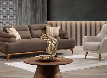 Elegantes braunes Wohnzimmer Set aus Stoff und Holz